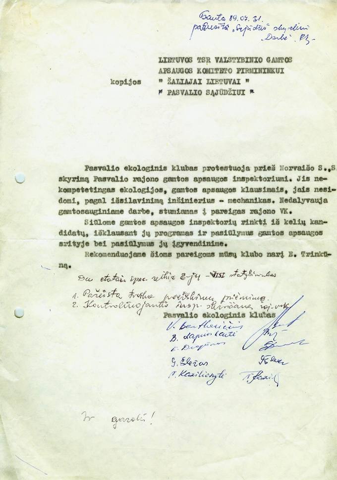 Pasvalio ekologinio klubo 1989 m. liepos 31 d. raštas Lietuvos TSR Valstybinio gamtos apsaugos komiteto pirmininkui dėl Pasvalio rajono gamtos apsaugos inspektoriaus rinkimų